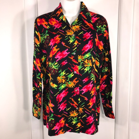 Vintage Retro 1970s Funky Neon Blouse, Size L - Picture 2 of 9